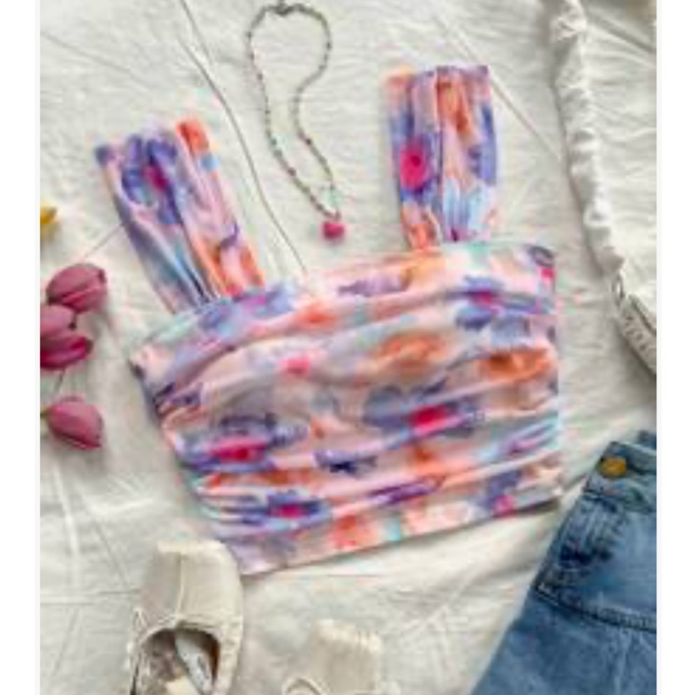 SHEIN Sheer Vibrant Floral Multicolor Tank Top Thick Strap Trendy